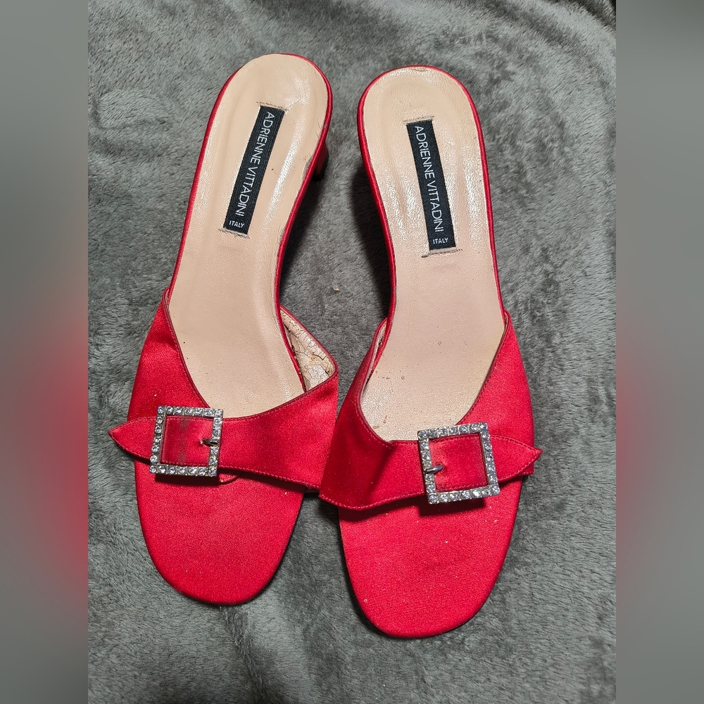 Adrienne Vittadini Red Satin Slide Mules with Rhinestone Buckle